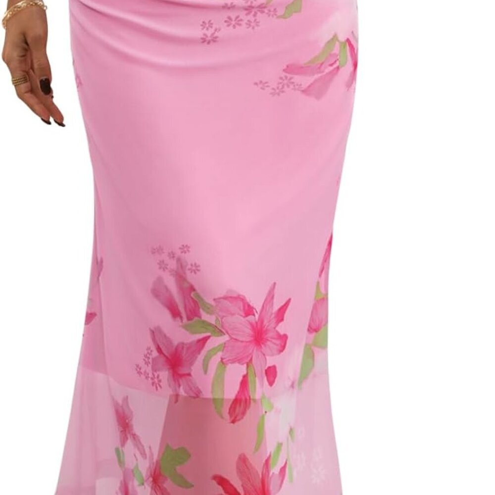 Women's Summer Floral Mesh Midi Skirt 2025 Casual Trendy High Waist Ruched Boho